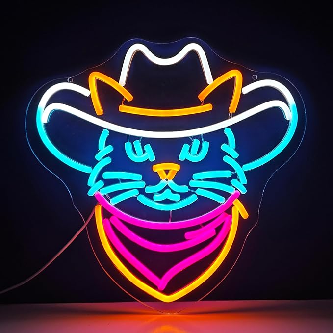 Cowboy Cat Neon Sign - Adjustable Dimmable LED Neon Light, 13.8"x13.7", Premium Quality, Vibrant Home Decor