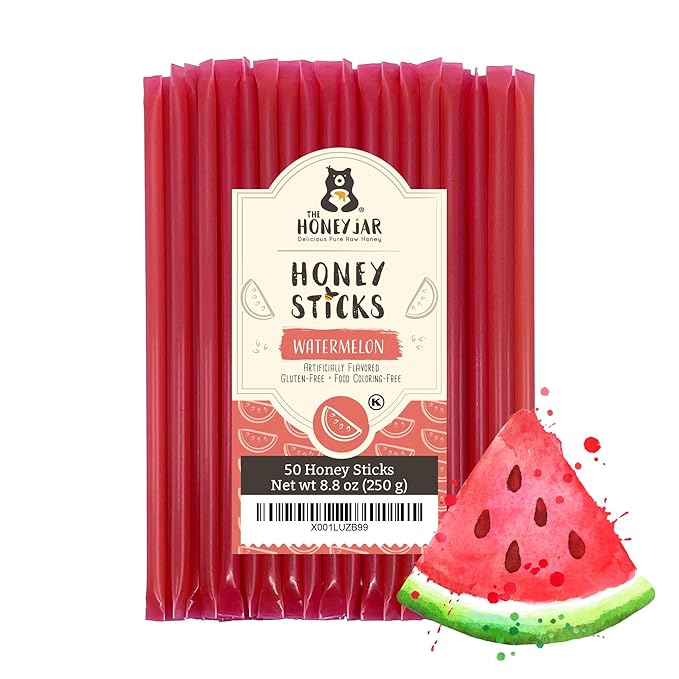 The Honey Jar Watermelon Flavored Honey Sticks - Pure Honey Straws For Tea, Coffee, or a Healthy Treat - One Teaspoon of Flavored Honey Per Stick - Made In The USA with Real Honey - (50 Count)