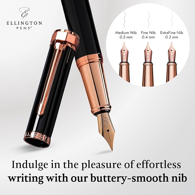 Ellington Pens Luxury Fountain Pen Set- Fountain Pens for Writing - Smooth Medium Nib - Includes Refillable Ink Converter, 3 Ink Cartridges [Black & Blue], Gift Box - Elegant Calligraphy