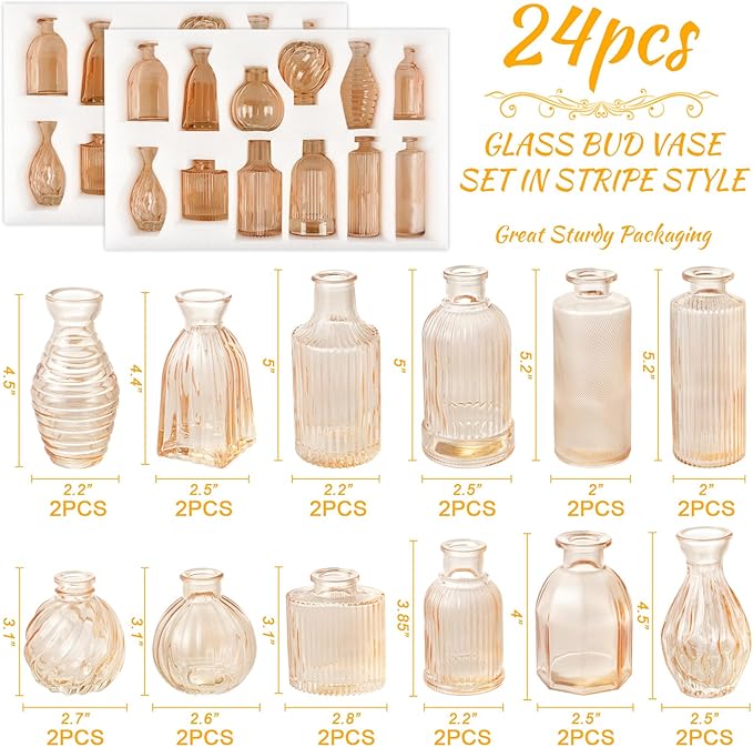 Champagne Bud Vases in Bulk 24 Packs Amber Glass Vase for Decor Centerpieces, Small Ribbed Vases for Flowers Stripe Modern Bud Vases Vintage Vases for Floral Wedding Party Table Decoration Home Decor
