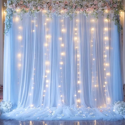 Blue Tulle Backdrop Curtains with Lights String for Parites Baby Shower 20×10ft Blue Sheer Backdrop Curtains Drapes for Bridal Shower Birthday Party Photo Shoot Background Decorations(4 Panels 5×10ft)