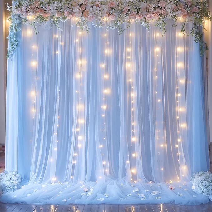 Blue Tulle Backdrop Curtains with Lights String for Parites Baby Shower 30×8ft Blue Sheer Backdrop Curtains Drapes for Bridal Shower Birthday Party Photo Shoot Background Decorations(6 Panels 5×8ft)
