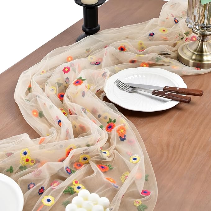 Joanlody 3pcs Champagne Embroidery Daisy Fall ThanksgivingTable Runner 10ft Florals Seasonal Tulle Table Runner Holiday Kitchen Dining Table Decoration for Home Party Indoor