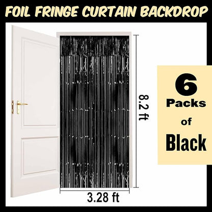 6 Pack Black Foil Fringe Curtains Backdrop, 3.28 x 8.2 Ft Metallic Streamers Tinsel Curtains Background for Photo Booth, Birthday, Weddings, Carnivals, Graduation, Themed Party Decorations
