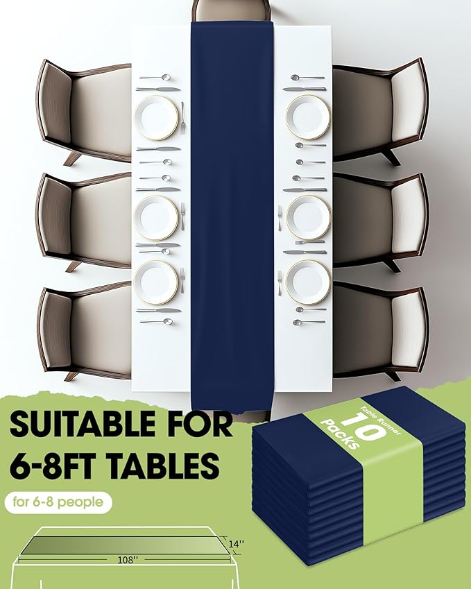 Pureegg Navy Blue Plastic Table Runners - 10 Pack, 14'' x 108'', Water Resistant & Disposable Centerpiece Decorations for Table Cloth, Wedding, Birthday, Holiday, Baby Shower, Party, Home Decor