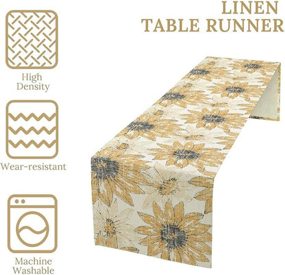 Chrysanthemum Vintage Floral Table Runner, Elegant Grunge Orange Sunflower Spring Summer Elegant Pattern Artichokes Flower Table Runner for Party Kitchen Dining Living Room Decor, 13x108 Inch