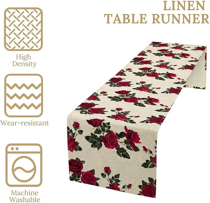 Vintage Rose Table Runner, Red Flowers Green Leaves Valentine's Day Table Runner for Kitchen Dinning Table Runner Decor Home Wedding Party Holiday, 13x90 Inch