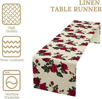 Vintage Rose Table Runner, Red Flowers Green Leaves Valentine's Day Table Runner for Kitchen Dinning Table Runner Decor Home Wedding Party Holiday, 13x90 Inch