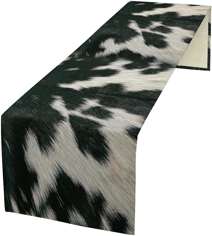 Cow Skin Print Table Runner, Rustic Country Farm Fur Skin Cowhide Pattern Western Style Black White Print Table Runner for Home Kitchen Dinning, 13x108 Inch