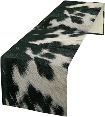 Cow Skin Print Table Runner, Rustic Country Farm Fur Skin Cowhide Pattern Western Style Black White Print Table Runner for Home Kitchen Dinning, 13x108 Inch