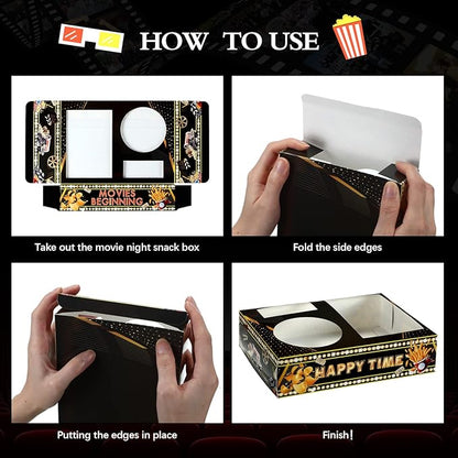 Faccito 36 Pcs Movie Night Snack Trays Movie Theater Snack Boxes Night Supply Disposable Paper Holder Tray for Popcorn Food Candy Drink Party 8 x 6 Inch(Black Gold,Cute Style)