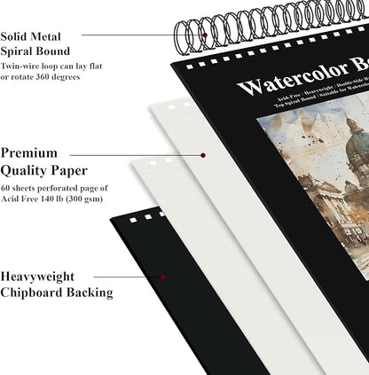 Watercolor Sketchbook 10"x12", 32 Sheets (64 Pages) Water Color Paper, 140lb/300gsm Watercolor Paper, Spiral Hardcover Watercolor Notebook for Painting, Water Color Sketch Books for Teens & Adults.