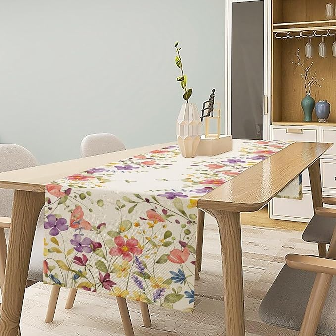 Floral Table Runner,Flowers Plant Print Spring Table Runner for Kitchen Dining Table Decoration for Home Party Decor 13x108 Inch