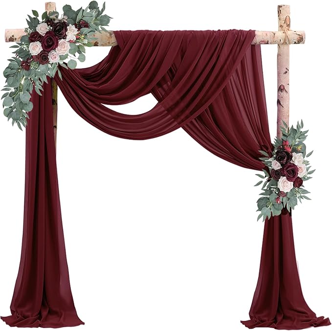 20Ft Length x 28" Width Wedding Arch Draping Fabric 4 Panels Burgundy Arch Drapes Chiffon Fabric Sheer Curtains Backdrop for Party Decorations Wedding Ceremony Bridal Ceiling Stage Reception Decor