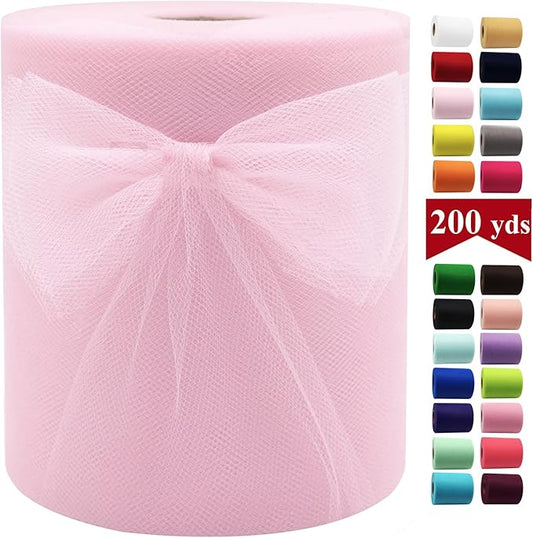 Light Pink Tulle Fabric Rolls 6 Inch by 200 Yards (600 feet) Fabric Spool Tulle Ribbon for DIY Light Pink Tutu Bow Baby Shower Birthday Party Wedding Decorations Craft Supplies