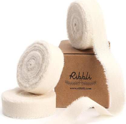 Ribbli 3 Rolls Ivory Ribbon 5/8 Inch x 18Yards Cream White Handmade Cotton Frayed Fringe Ribbons for Wrapping Wedding Invites Bridal Bouquets Baby Shower DIY Crafts Home Decor