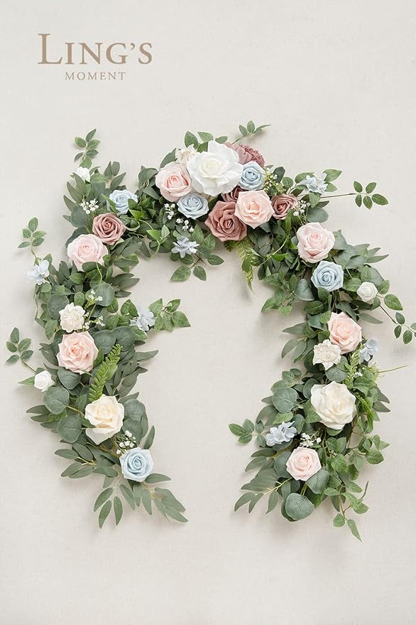 Ling's Moment Flower Garland - 6FT Eucalyptus & Rose - Sweetheart Table Decor for Wedding Reception, Artificial Floral Garland for Mantle, Thanksgiving, Christmas Decoration, Blush Powder Blue