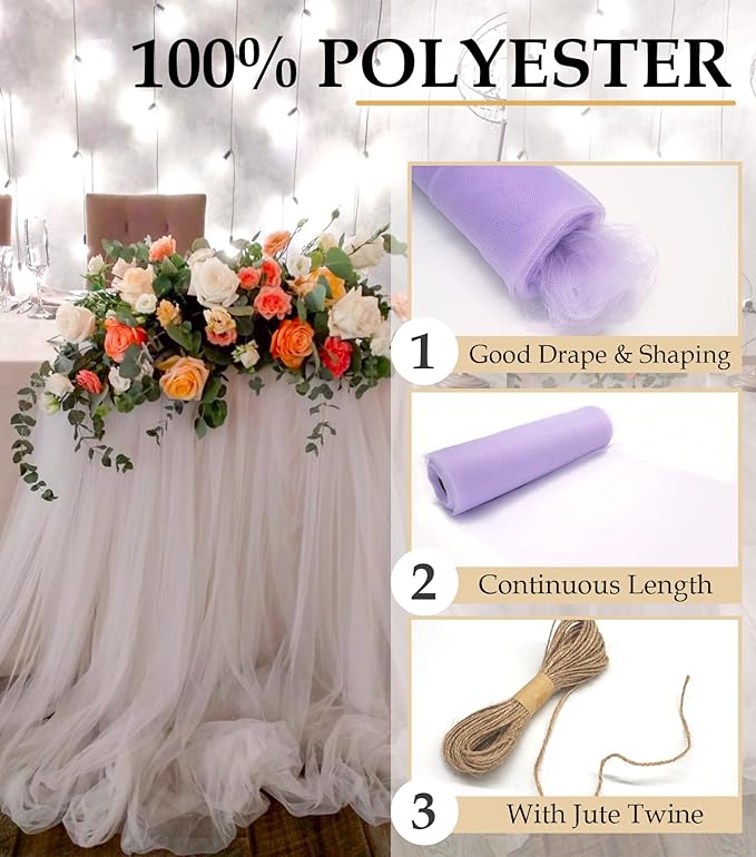Lavender Tulle Fabric Roll, 54" x 40 Yards (120FT) Tulle for Wedding Decoration DIY Tutu Party Backdrop Baby Shower Table Skirts Gift Wrapping