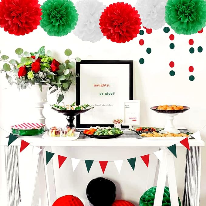 Red-Green White Party-Decorations - 23pcs Mexico Italy Tissue Pom Poms Streamers,Tassel Garland Banner,Mexican Italian Birthday Wedding Baby Shower Decor Bunting Lasting Surprise