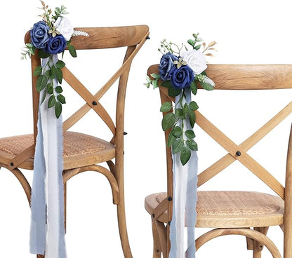 Wedding Aisle Decorations for Wedding Ceremony Set of 10 Pew Flowers for Church Chair Decorations Party Decor with Artificial Flowers Eucalyptus and Ribbons Blue
