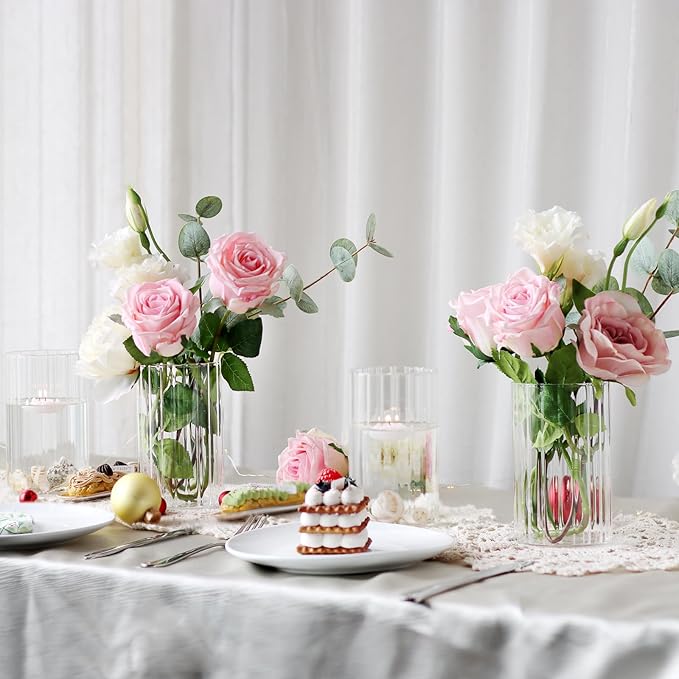 12Pcs Glass Cylinder vases for Centerpieces, 6 Inches Clear Ribbed Bud Vases for Wedding Decorations,Floral Vase Bulk Flower vases,Tall Glass Hurricane Candle Holder for Table Shelf, Party(Ribbed)