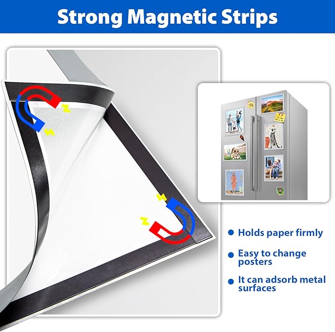 5Packs Magnetic Sign Holder, 11x17 Self Adhesive Display Frame With Strong Magnetic Frame and Clear PVC for Office, Store, Home, Door, Window, Refrige Paper Holder, Silver