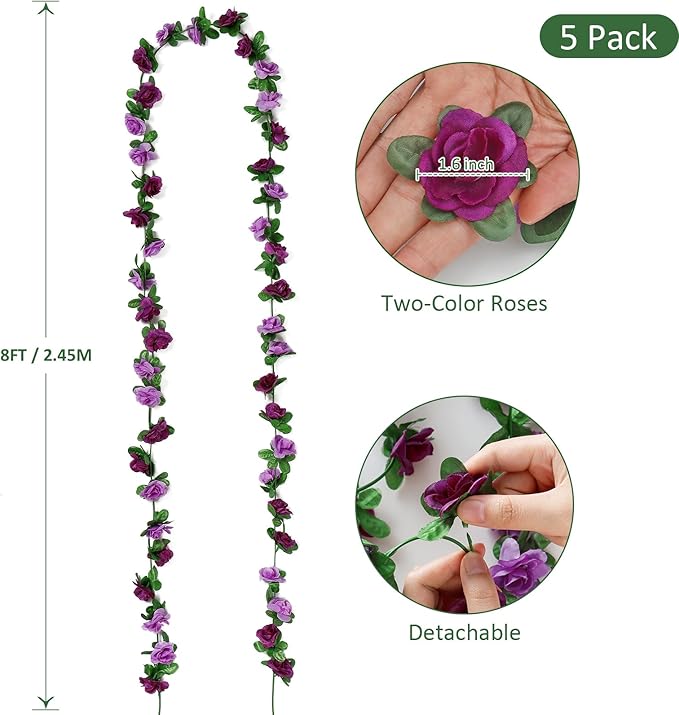 KHOYIME 5 Pack 40 FT Artificial Flower Garland, Fake Purple Roses Vines Silk Flowers Faux Plastic Outdoor Hanging Floral Ivy Garland Decoration for Wedding Arch Bedroom Home Wall Backdrop Room Decor
