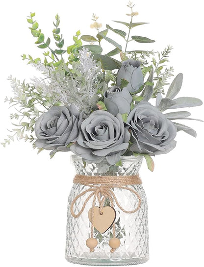 Faux Flowers with Vase,Artificial Silk Roses in Vase, Fake Plant Eucalyptus Flower Arrangement for Home Office Farmhouse Bathroom Dining Table Centerpiece Decorations Coffee Table Decor (Grey Blue)