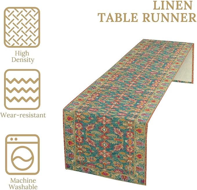 Vintage Boho Floral Table Runner, Rustic Country Farmhouse Teal Red Purple Flower Pattern for Home Kitchen Table Decor Dining Coffee Room Party Decor 13x120in