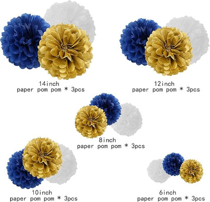 Navy-Blue White Gold Paper Flowers - 15pcs 5 Size Tissue Paper Pom-Poms,Men Birthday Graduation Bachelorette Decorations Baby Boy Room Hanging Decor Engagement Party Backdrop Decoration Panduola