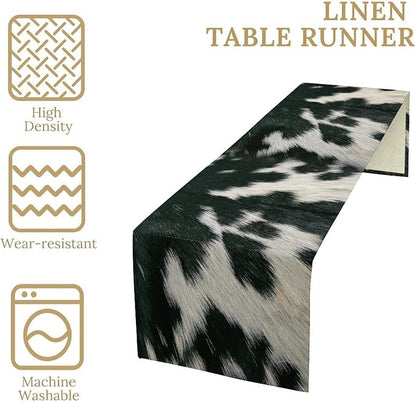 Cow Skin Print Table Runner, Rustic Country Farm Fur Skin Cowhide Pattern Western Style Black White Print Table Runner for Home Kitchen Dinning, 13x60 Inch