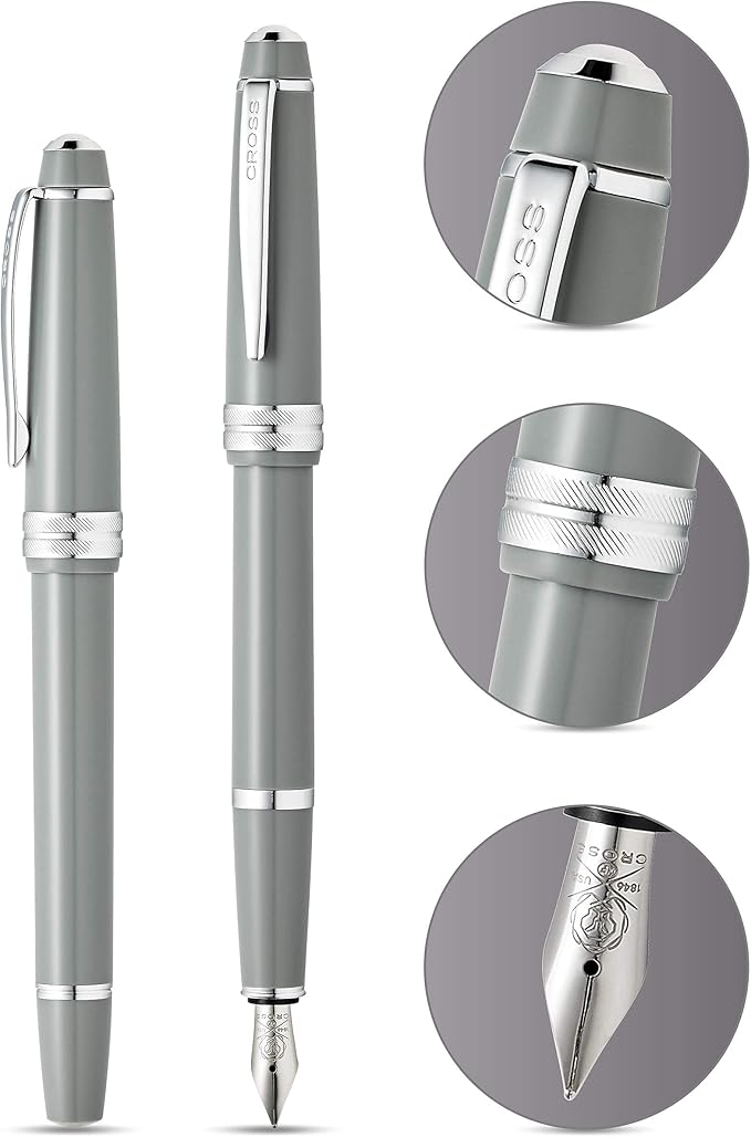 Cross Bailey Light Refillable Fountain Presented in a Everyday Gift Box - Medium Point, Black Ink, Polished Gray