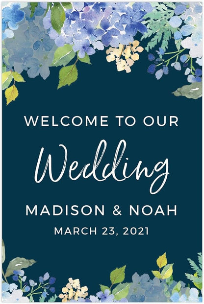 Andaz Press Personalized Extra Large Wedding Easel Board Party Sign, 12x18-inch, Baby Blue Hydrangea Floral Flowers on Navy Blue, Welcome to Our Wedding Bride Groom Name Date, 1-Pack, Custom