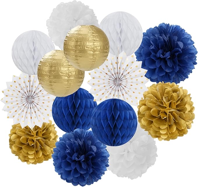 Navy-Blue White Gold Party Decorations - 14pcs Kits Paper Lanterns Fan,Tissue Flower Pom Poms Streamers,Honeycomb Balls,Graduation 2025 Men Birthday Wedding Baby Bridal Shower Decor Lasting Surprise