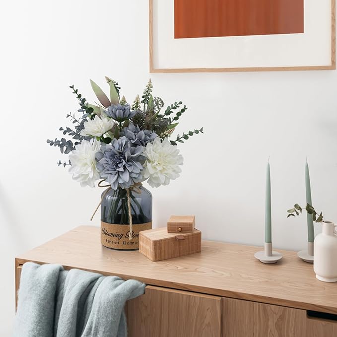 Fake Flowers with Vase,Silk Artificial Flowers in Vase,Fake Plants and Faux Flower Arrangement for Centerpiece Kitchen Table Decorations,Home Decor