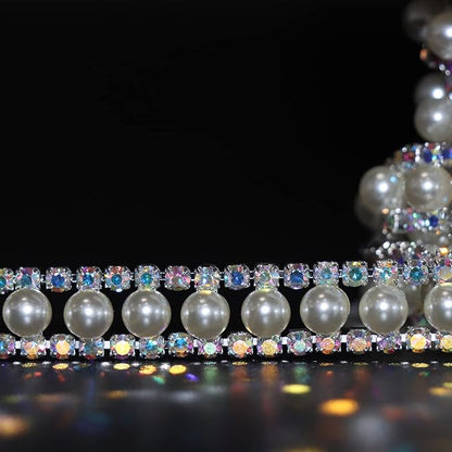 Jerler Rhinestone Trim Applique 1 Yard 2 Rows Crystal Chain Banding Diamond Inlaid White Pearl Beaded Rhinestones for Crafts Clothing and Bridal Embellishments Wedding Ideas Christmas Decorations