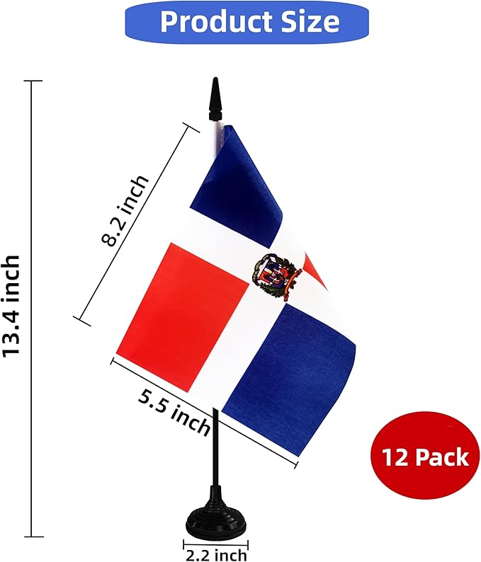 Dominica Republic Desk Flag, 12 Pack Dominican Republic Table Office Flag with Black Solid Pole and Stand Base, International Country Flag, Festival Celebration, Classroom Meeting Desktop Decor (Dominica)