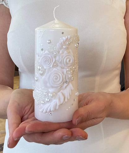 Unity Candle Set - Wedding Ceremony & Reception – 6” Pillar & Two 10” Taper Candles – Long Burning Unity Candles for Marriage Ritual – Handmade in USA – White|Florals|Classic