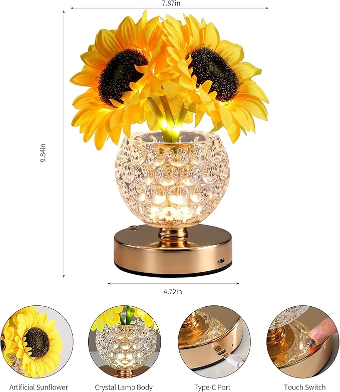 Sunflowers Lamp,Rechargeable Cordless Touch Table Lamp,3-Colour Infinitely Dimming Small Night Light for Home Decor/Restaurant/Bar/Coffee Shop,Gifts for Women/Mom