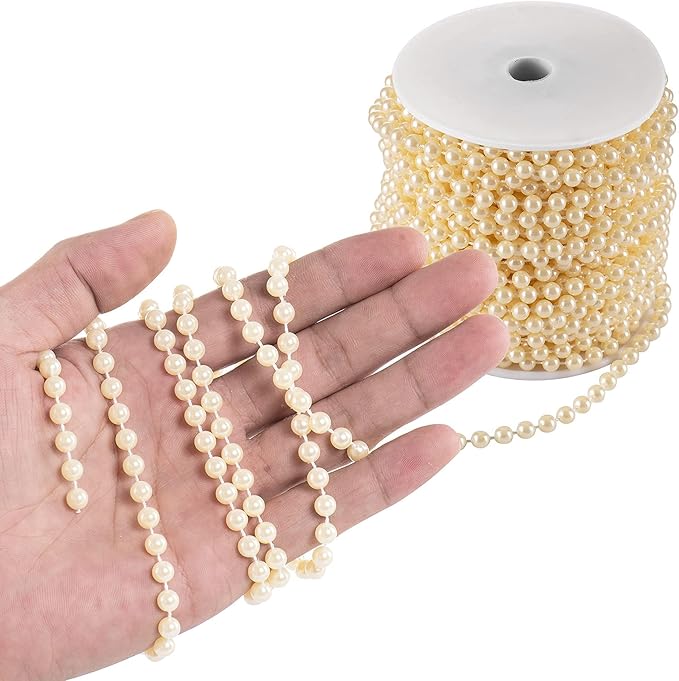 Craft String Pearls 6MM Pearl Bead, 66 Feet Ivory Faux Pearl Garland Spool Roll Strand Wedding Party Decoration, Christmas Tree Decorations