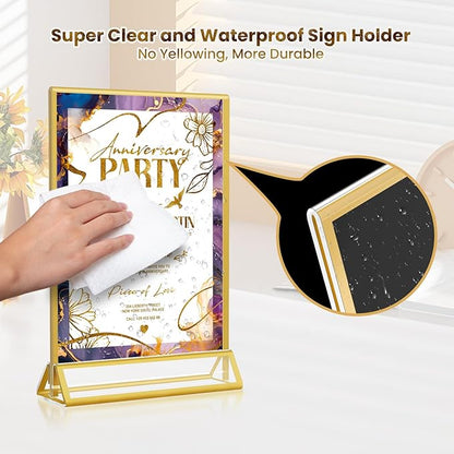 Acrylic Gold Sign Holders 4x6, 12 Pack Wedding Gold Table Number Holders, Double Sided Photo Display Picture Frame Paper Stand, Clear Flyer Stand Menu Holder for Wedding, Home, Party, Restaurant
