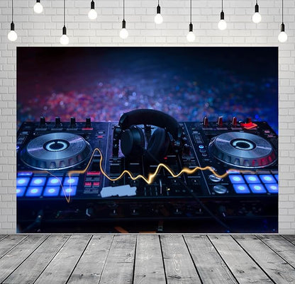 CORFOTO 5x3ft Fabric Dj Mixer with Headphones Backdrop Photography Dj Sound Equipment in Dark Background Musical Dance Disco Party Decorations Live Concert Stage Photoshoot Booth Studio Props