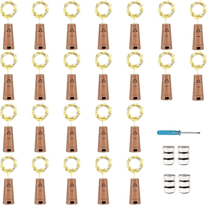 YJFWAL 24Pack 20LED Wine Bottle Lights with Cork, Cork Shape Silver Copper Wire Fairy Mini String Lights Fairy lights Battery Operated for DIY, Party, Wedding, Christmas, Halloween Decor (Warm White)