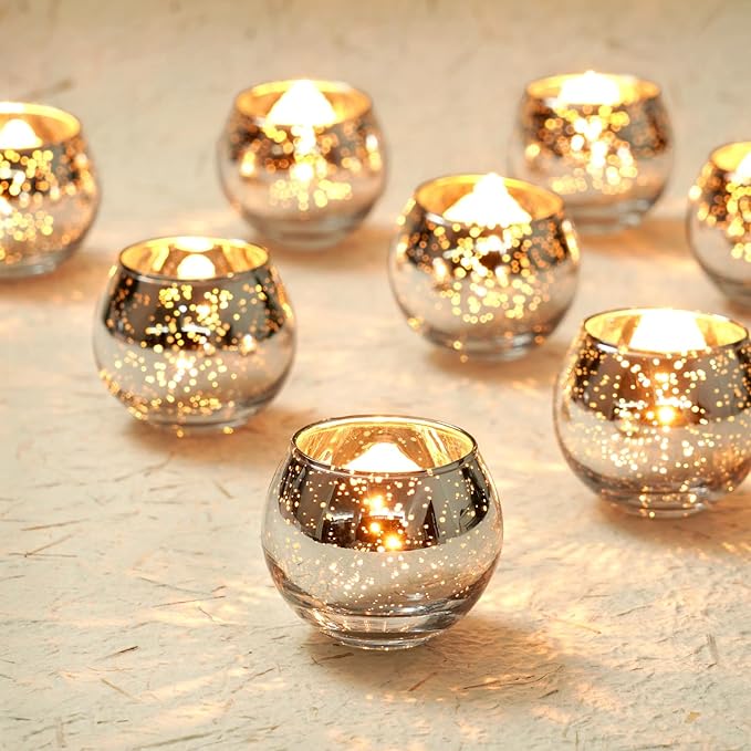 Homemory 12 Pcs Silver Votive Candle Holders, Round Mercury Glass Candle Holder, Tealight Candle Holders for Table Centerpieces, Baby Shower, Anniversary, Wedding, Home Decor, Halloween, Christmas