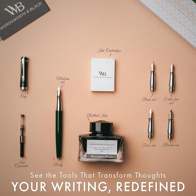 Wordsworth & Black Fountain Pen Gift Set, Includes Bottle, 6 Cartridges, Refill Converter, 4 Replacement Nibs, Premium Package, Journaling, Calligraphy, Smooth Writing Pens [Green Chrome]