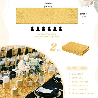 Sequin Table Runners 2 Pieces Gold Table Runners 12x72 Inch Glitter Dining Table Cover for Party Wedding Birthday Reception Banquet Decoration Spring Party Chair Sashes