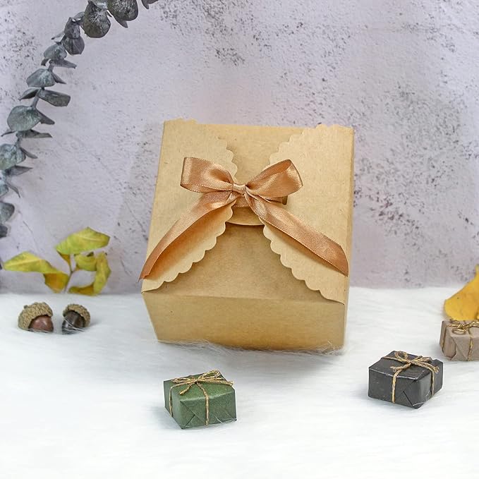 Brown Box for Presents, 10 Pack Small Empty Kraft Paper Gift Boxes with Ribbon For Packaging Candy, Cookie, Chocolate, Craft, Candle, Small Gifts, 4.75” x 4.75” x 3.53”