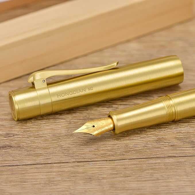 Hongdian M2 Mini Brass Fountain Pen with Extra Fine Soft Golden Nib, Sleek Shape Short Pocket Travel Pen (Glossy Brass)