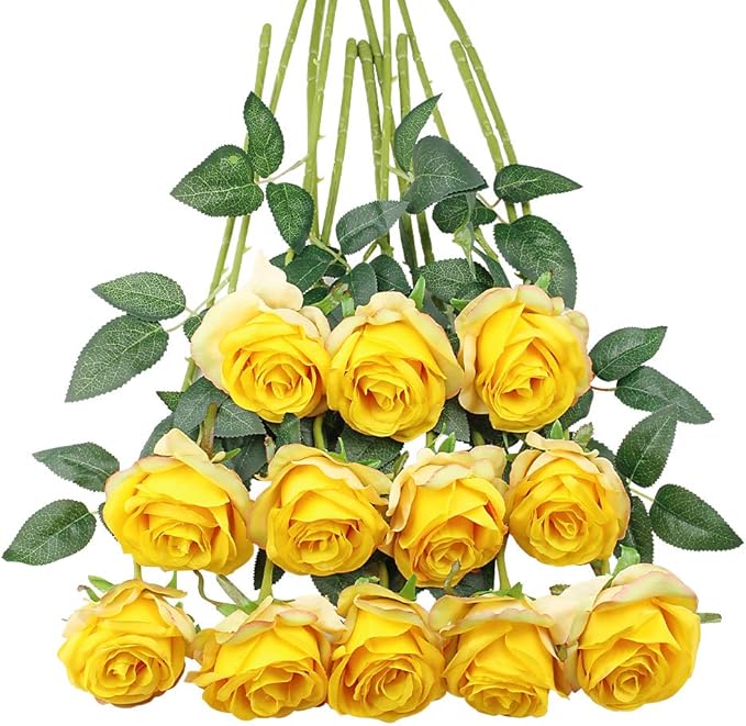 Tifuly Yellow Roses Artificial Flowers -12 pcs Realistic Single Long Stem Fake Silk Roses Bouquet for Party Home Wedding Centerpiece Office DIY Decor