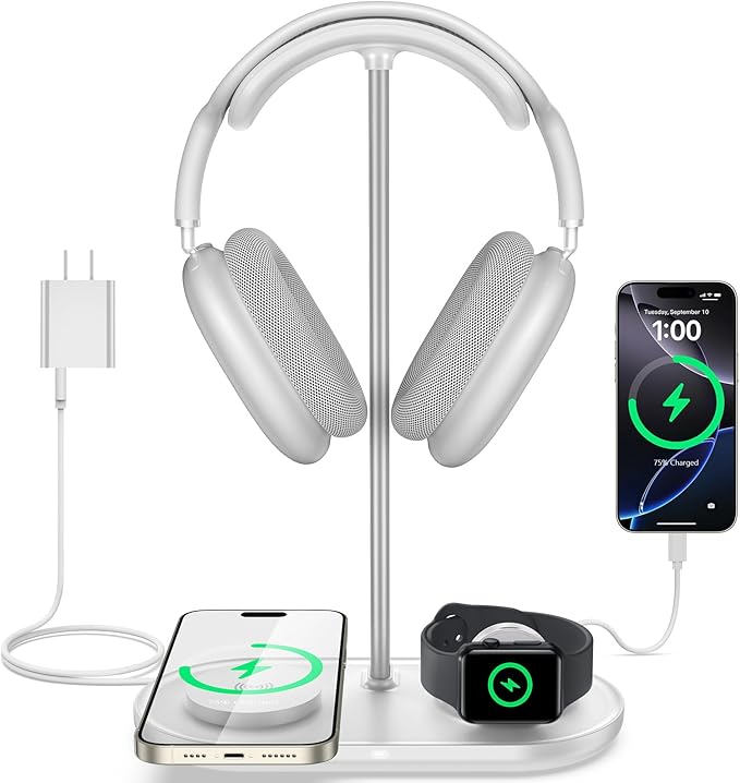TopMade 5 in 1 Headphone Stand for Desk with Wireless Charger & USB Charging for iPhone/AirPods/iWatch, Universal Desktop Gaming Headset Holder for Airpods Max, Bose, Beats, Razer and More, White